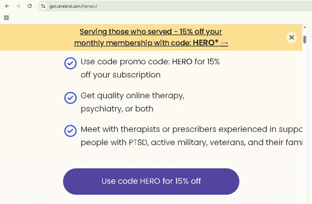 Cerebral checkout page showing Cerebral promo code box | Screenshot taken by SimplyCodes community member on Aug 21, 2025