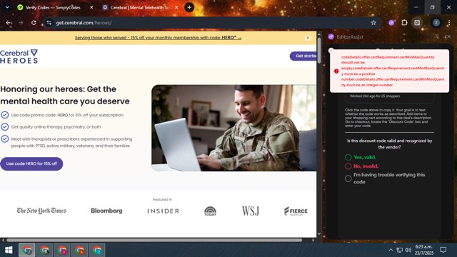 Cerebral checkout page showing Cerebral promo code box | Screenshot taken by SimplyCodes community member on Jul 23, 2025