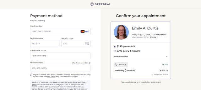 Cerebral checkout page showing Cerebral promo code box | Screenshot taken by SimplyCodes community member on Aug 19, 2025