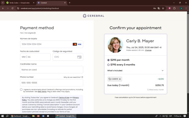 Cerebral checkout page showing Cerebral promo code box | Screenshot taken by SimplyCodes community member on Jul 21, 2025