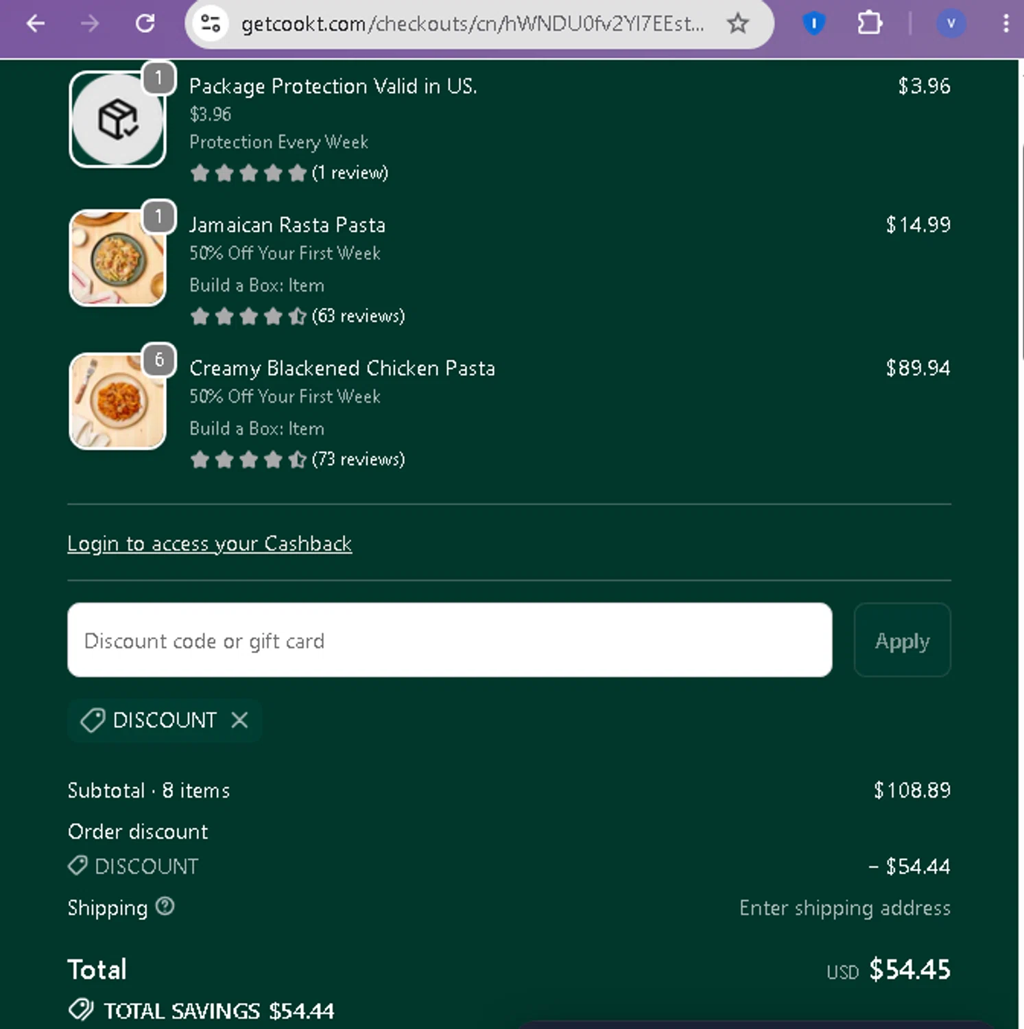 COOKT promo code screenshot showing code DISCOUNT applied at COOKT checkout page. Uploaded by SimplyCodes community member beatrizcastillo on Jun 18, 2026