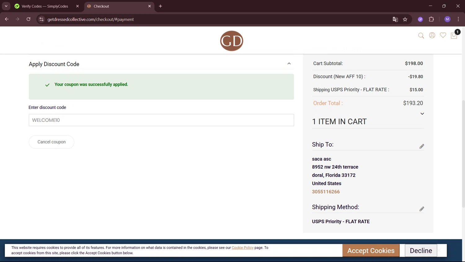 Get Dressed Collective promo code screenshot showing code WELCOME10 applied at Get Dressed Collective checkout page. Uploaded by SimplyCodes community member MightyShopper3015 on Jun 15, 2025