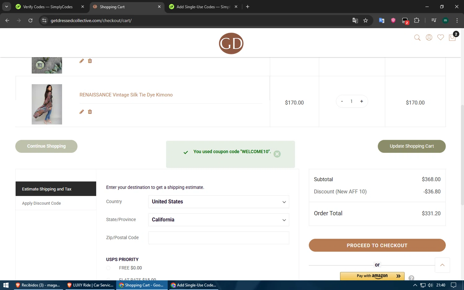 Get Dressed Collective promo code screenshot showing code WELCOME10 applied at Get Dressed Collective checkout page. Uploaded by SimplyCodes community member Voucher200 on Jun 15, 2025