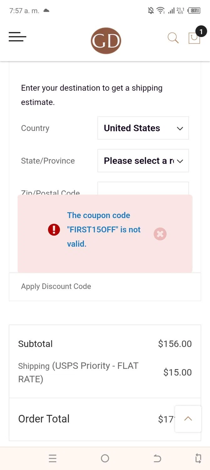 Get Dressed Collective promo code screenshot showing code FIRST15OFF applied at Get Dressed Collective checkout page. Uploaded by SimplyCodes community member Daless on May 22, 2025