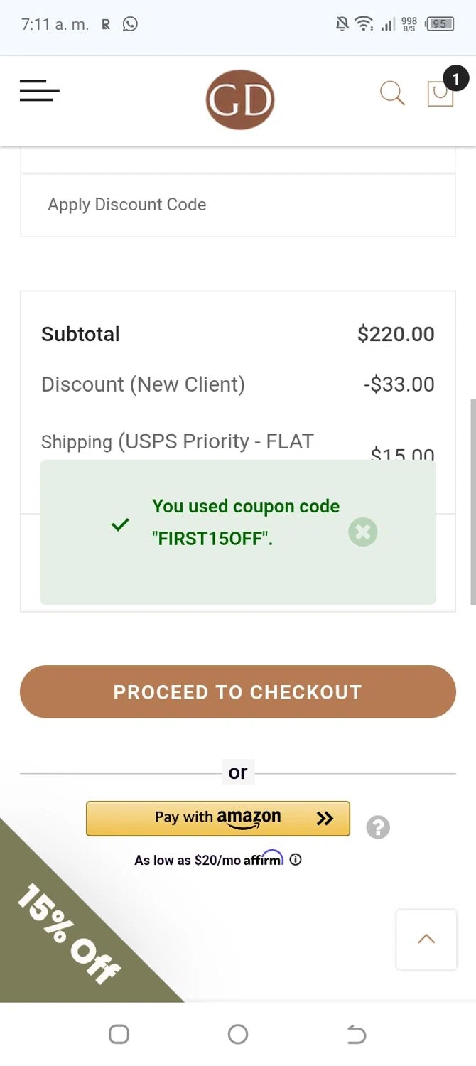 Get Dressed Collective promo code screenshot showing code FIRST15OFF applied at Get Dressed Collective checkout page. Uploaded by SimplyCodes community member yeresojperez on Sep 1, 2025