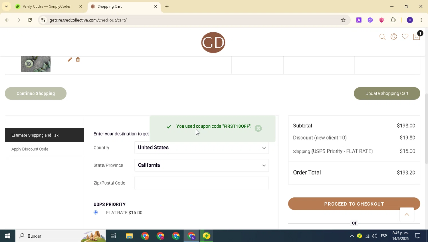 Get Dressed Collective promo code screenshot showing code FIRST10OFF applied at Get Dressed Collective checkout page. Uploaded by SimplyCodes community member alexanderarnold on Jun 15, 2025