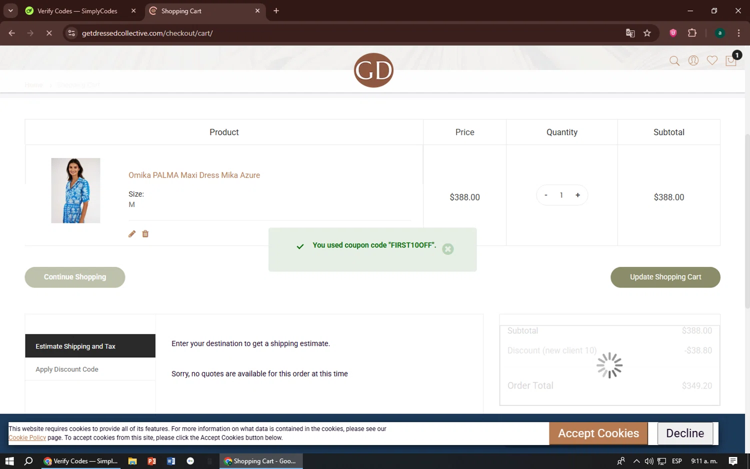 Get Dressed Collective promo code screenshot showing code FIRST10OFF applied at Get Dressed Collective checkout page. Uploaded by SimplyCodes community member zizu55 on Jul 13, 2025