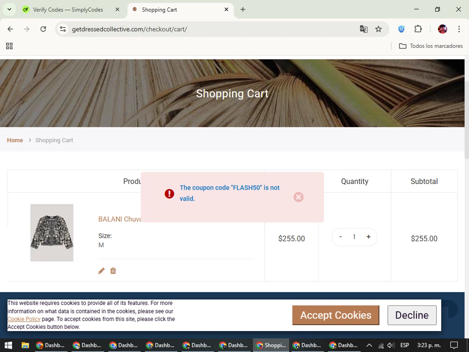 Get Dressed Collective promo code screenshot showing code FLASH50 applied at Get Dressed Collective checkout page. Uploaded by SimplyCodes community member SavingsEagle5772 on Oct 24, 2025