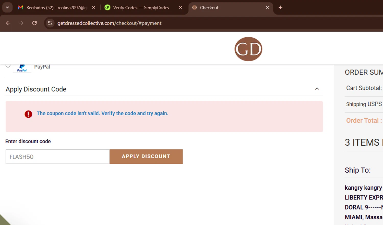 Get Dressed Collective promo code screenshot showing code FLASH50 applied at Get Dressed Collective checkout page. Uploaded by SimplyCodes community member WonderWarden594 on Oct 24, 2025