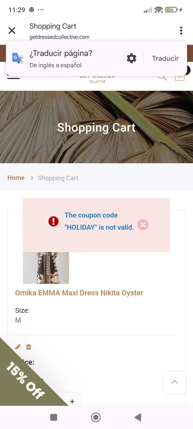 Get Dressed Collective promo code screenshot showing code HOLIDAY applied at Get Dressed Collective checkout page. Uploaded by SimplyCodes community member ShieldWhiz4659 on Dec 20, 2025