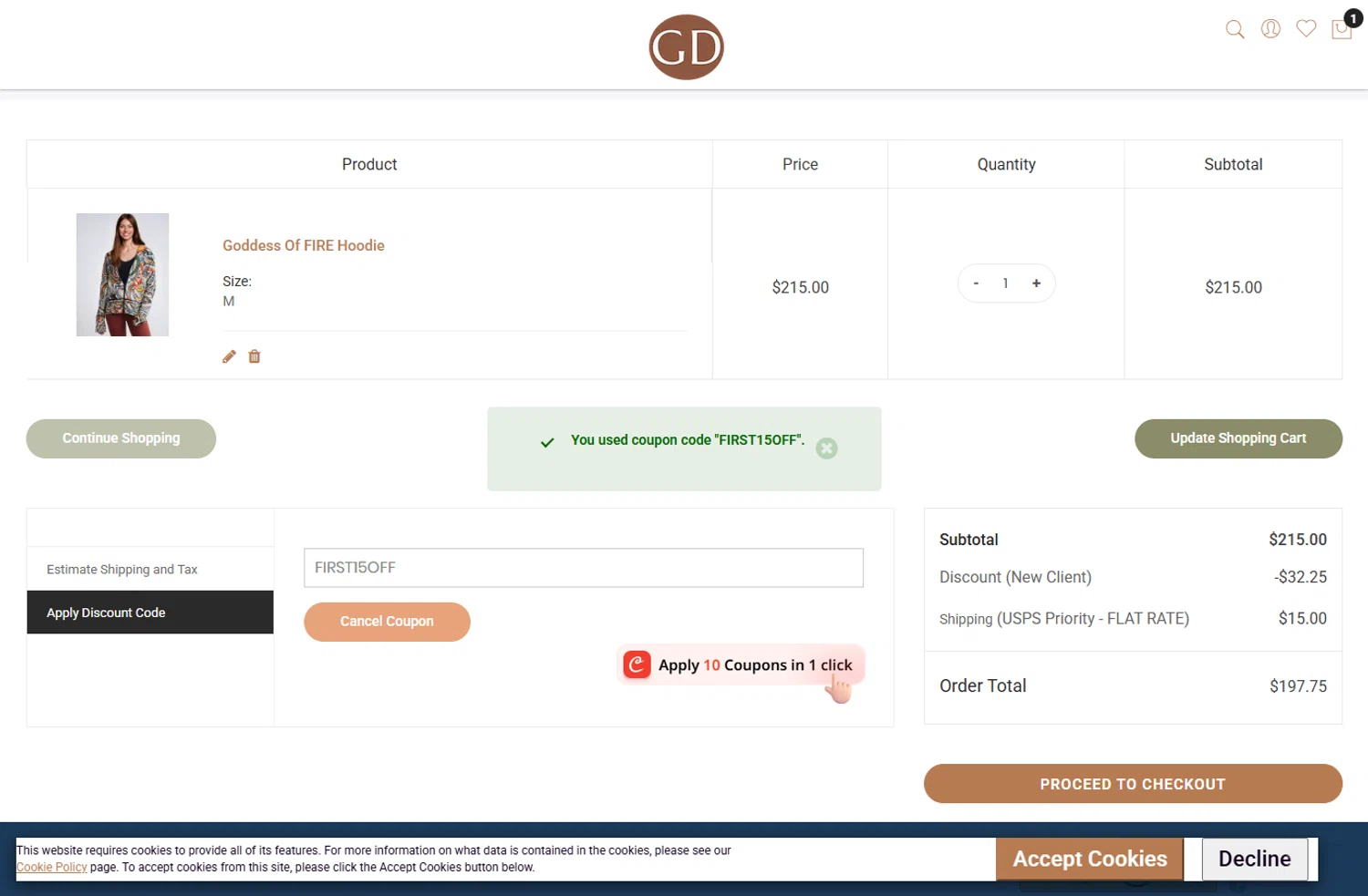 Get Dressed Collective promo code screenshot showing code FIRST15OFF applied at Get Dressed Collective checkout page. Uploaded by SimplyCodes community member ivantorres on Aug 3, 2025