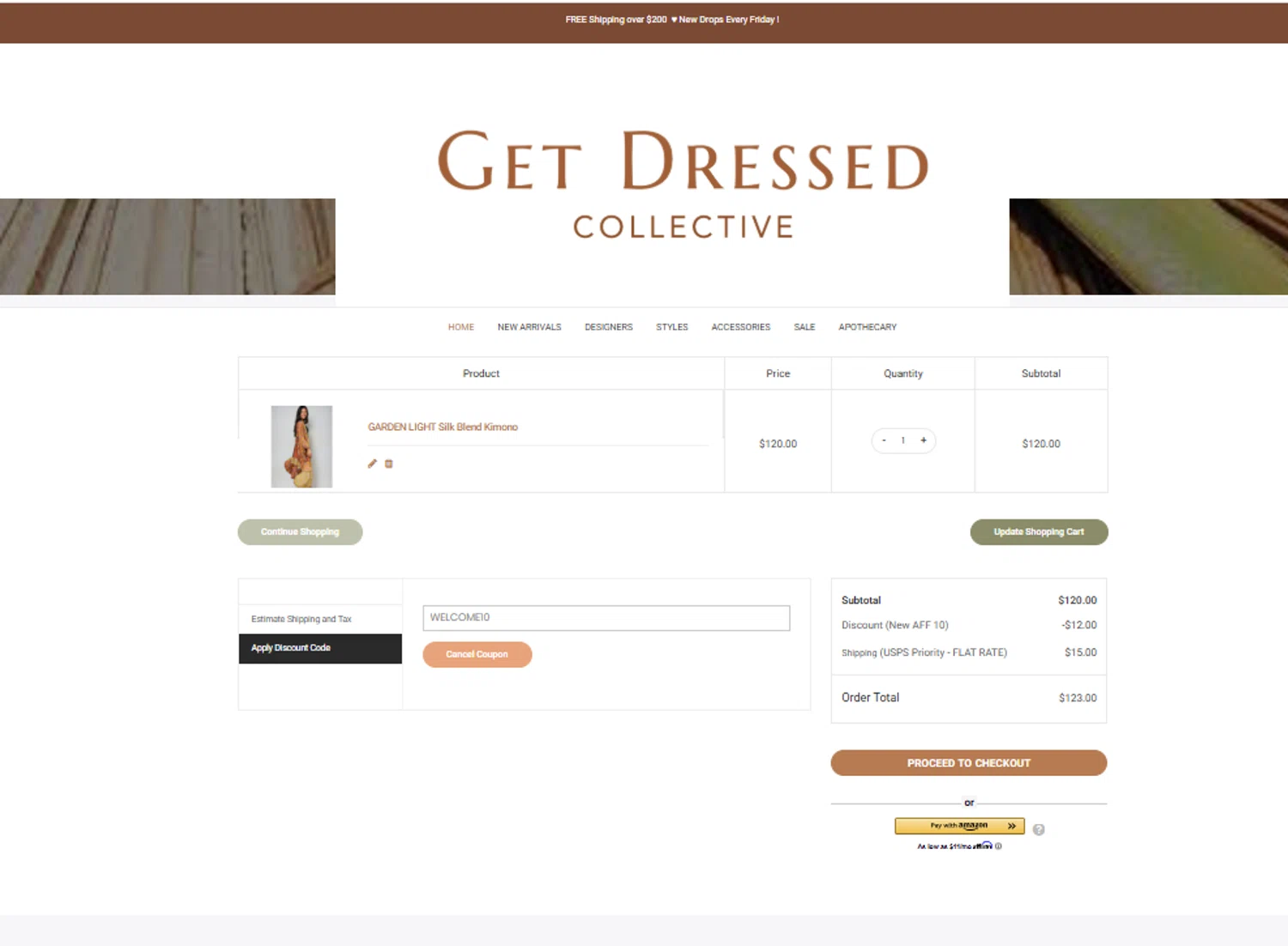 Get Dressed Collective promo code screenshot showing code WELCOME10 applied at Get Dressed Collective checkout page. Uploaded by SimplyCodes community member ylenisjordan on Jul 22, 2025