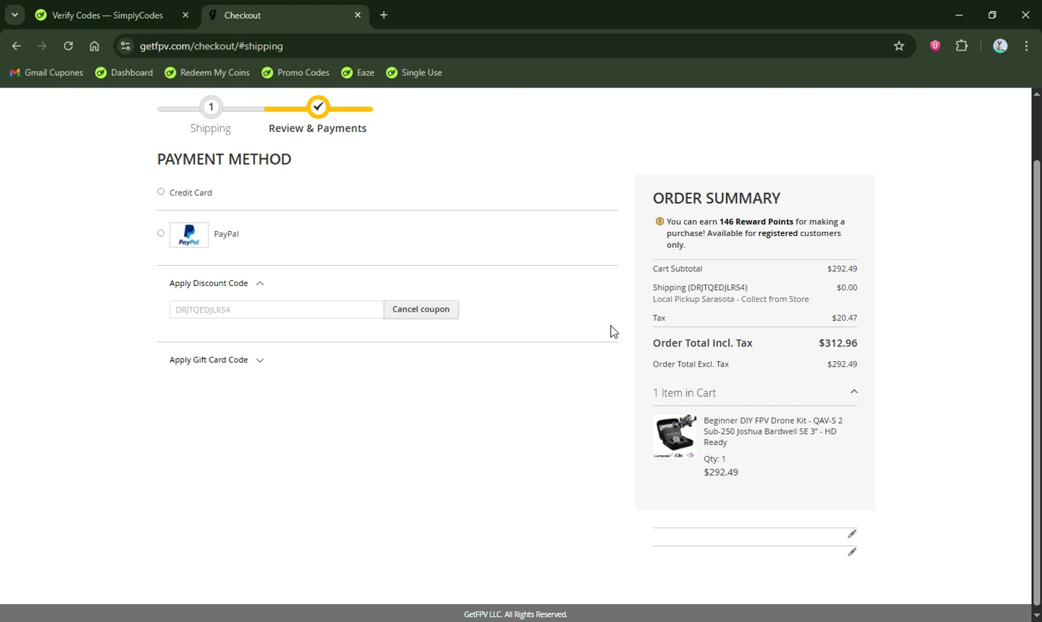 GetFPV discount code screenshot showing code DRJTQEDJLRS4 applied at GetFPV checkout page. Uploaded by SimplyCodes community member LHaunter2 on Nov 1, 2025