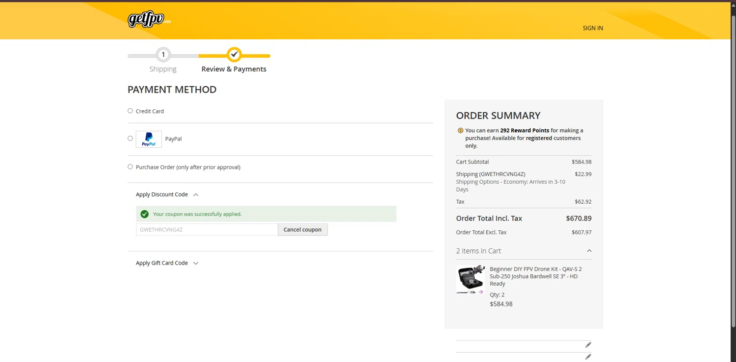 GetFPV discount code screenshot showing code GWETHRCVNG4Z applied at GetFPV checkout page. Uploaded by SimplyCodes community member FortunateSeeker4672 on Oct 10, 2025