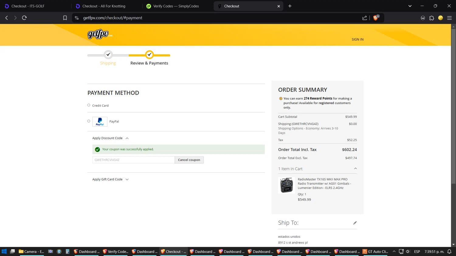 GetFPV discount code screenshot showing code GWETHRCVNG4Z applied at GetFPV checkout page. Uploaded by SimplyCodes community member ZoilaPerrita on Jan 1, 2025
