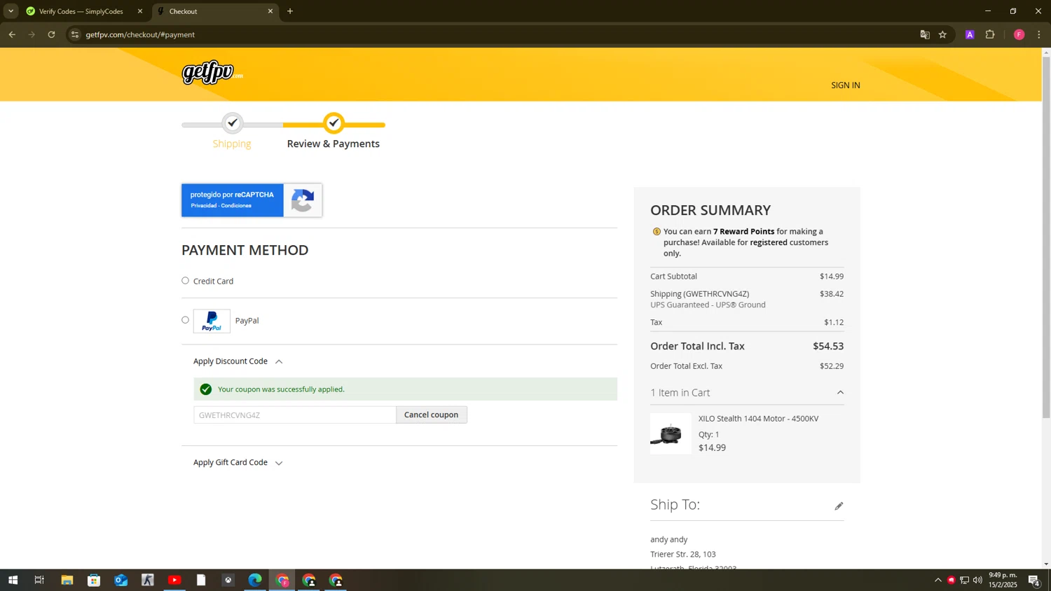 GetFPV discount code screenshot showing code GWETHRCVNG4Z applied at GetFPV checkout page. Uploaded by SimplyCodes community member FortunatePilot2384 on Feb 15, 2025