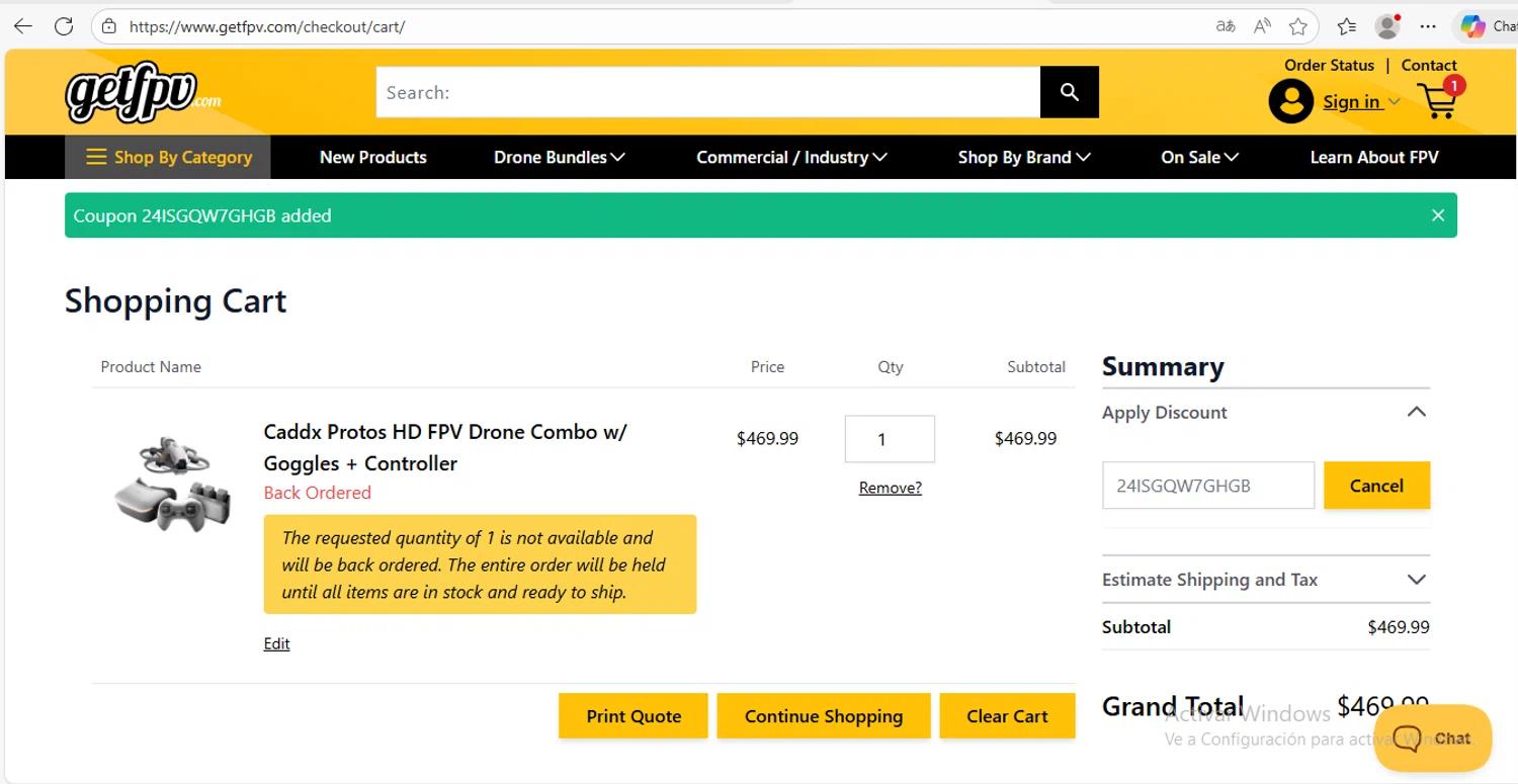 GetFPV discount code screenshot showing code 24ISGQW7GHGB applied at GetFPV checkout page. Uploaded by SimplyCodes community member MoneyRanger9663 on Jan 21, 2026