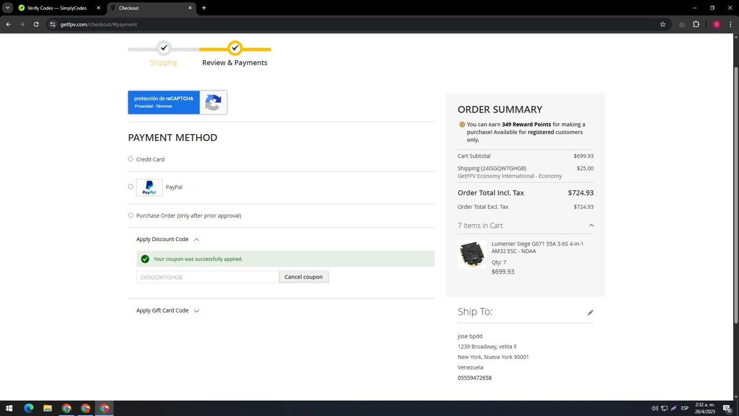 GetFPV discount code screenshot showing code 24ISGQW7GHGB applied at GetFPV checkout page. Uploaded by SimplyCodes community member usenameeeee on Apr 26, 2025