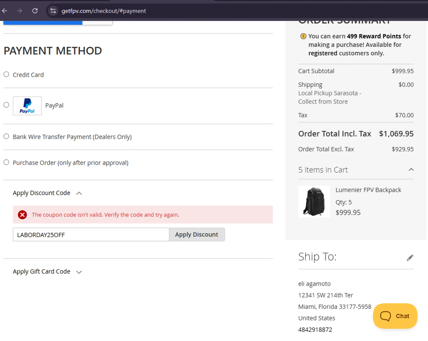 GetFPV discount code screenshot showing code LABORDAY25OFF applied at GetFPV checkout page. Uploaded by SimplyCodes community member MoneySage8222 on Sep 5, 2025