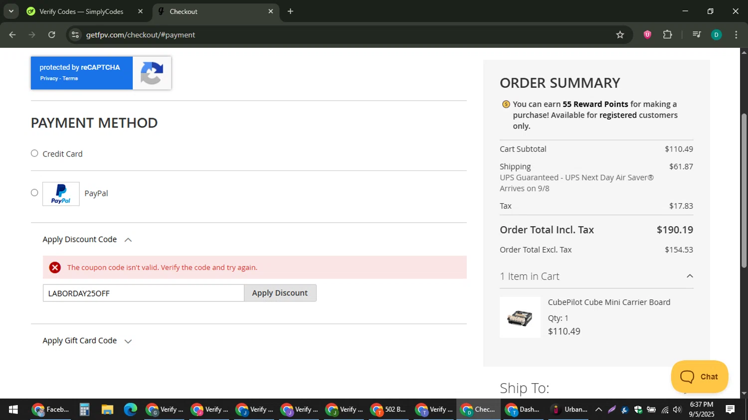 GetFPV discount code screenshot showing code LABORDAY25OFF applied at GetFPV checkout page. Uploaded by SimplyCodes community member ThriftyLion6776 on Sep 5, 2025