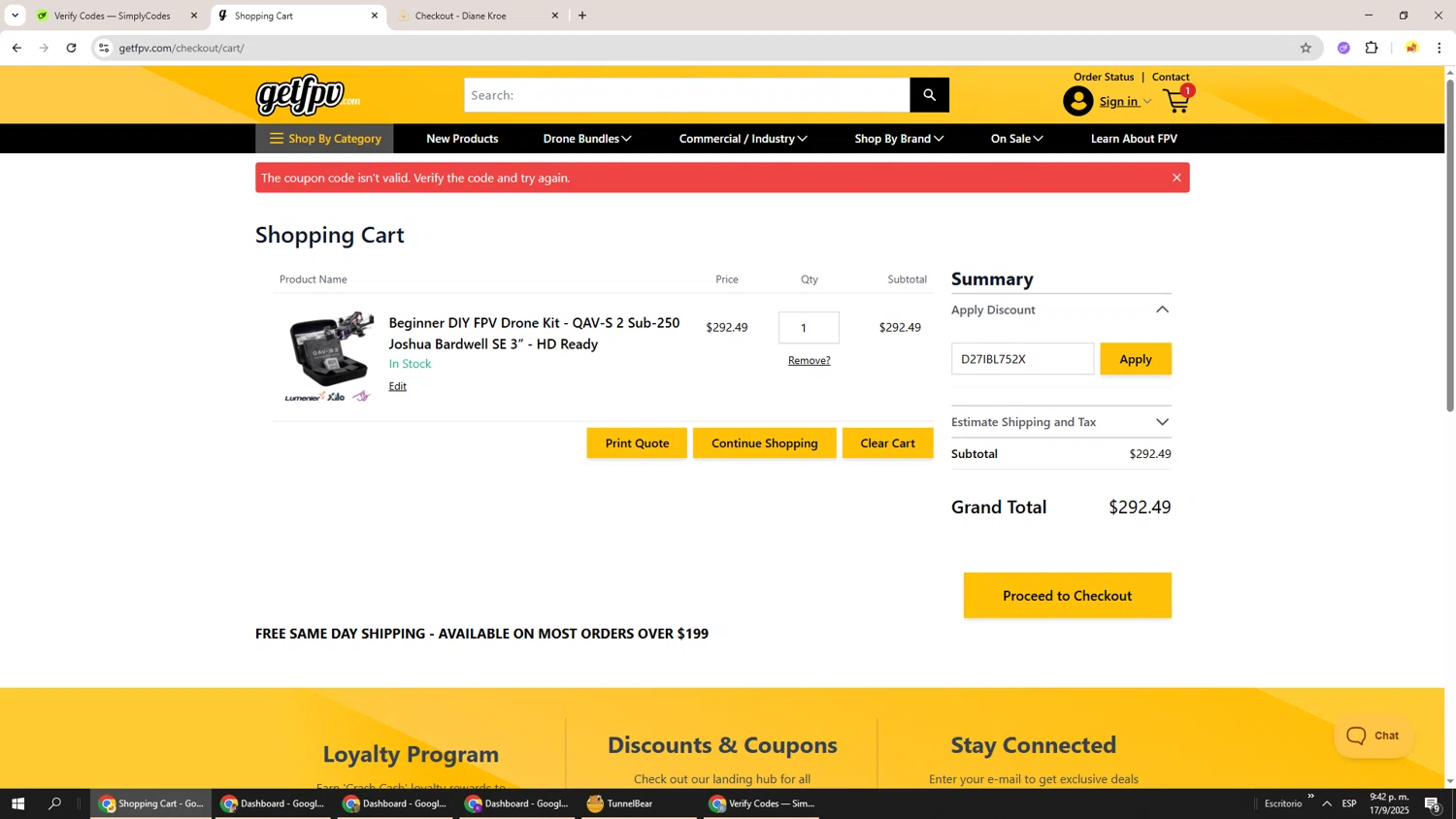 GetFPV discount code screenshot showing code D27IBL752X applied at GetFPV checkout page. Uploaded by SimplyCodes community member Richard251 on Sep 18, 2025