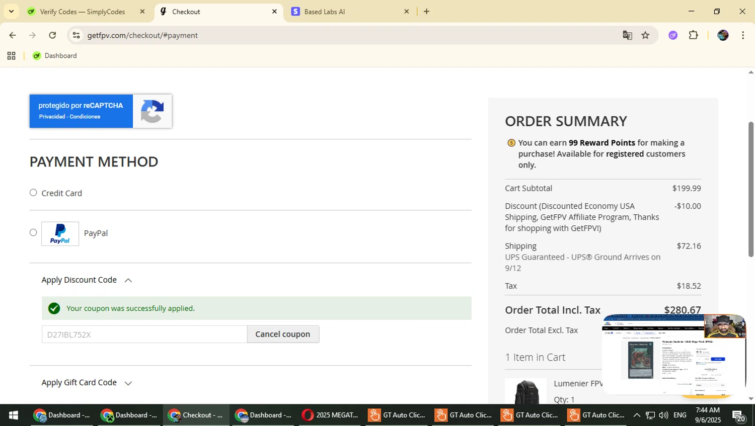 GetFPV discount code screenshot showing code D27IBL752X applied at GetFPV checkout page. Uploaded by SimplyCodes community member Typhlosion on Sep 6, 2025