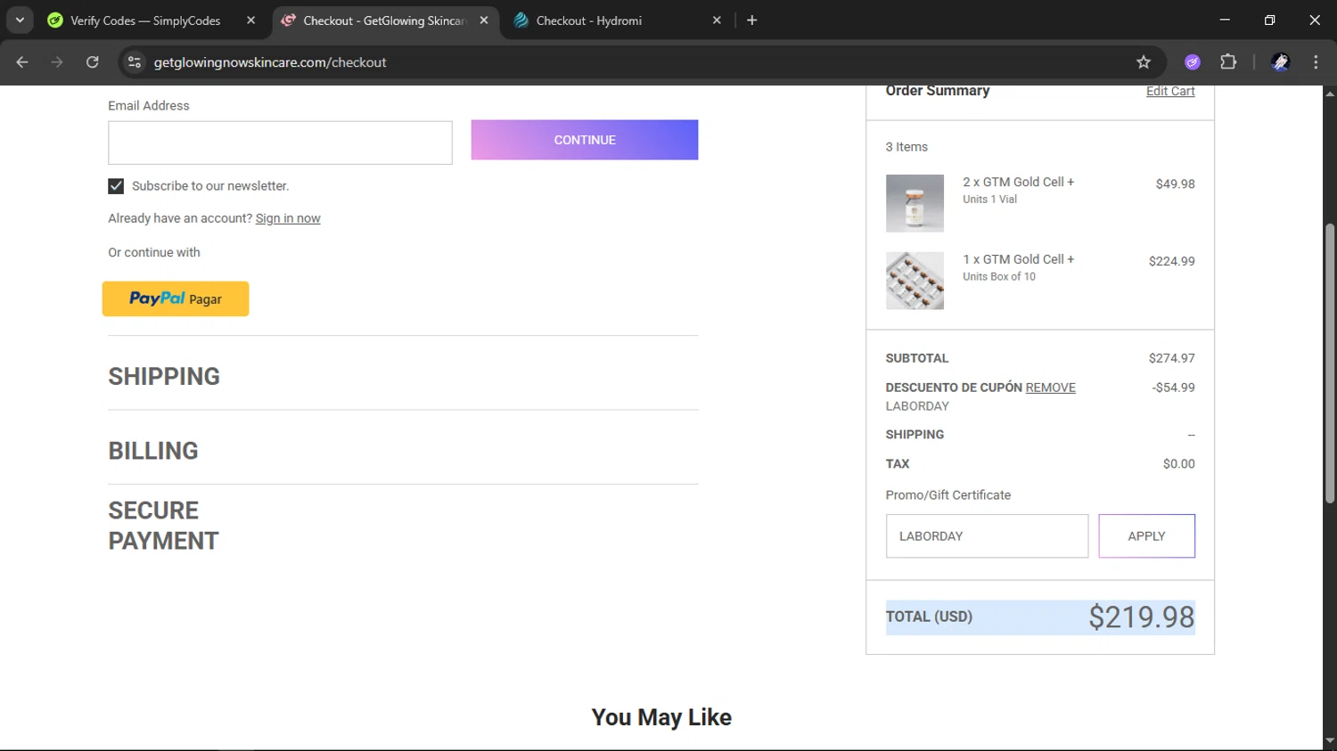 Get Glowing Skin Care promo code screenshot showing code LABORDAY applied at Get Glowing Skin Care checkout page. Uploaded by SimplyCodes community member RoyalMaestro2129 on Oct 24, 2025
