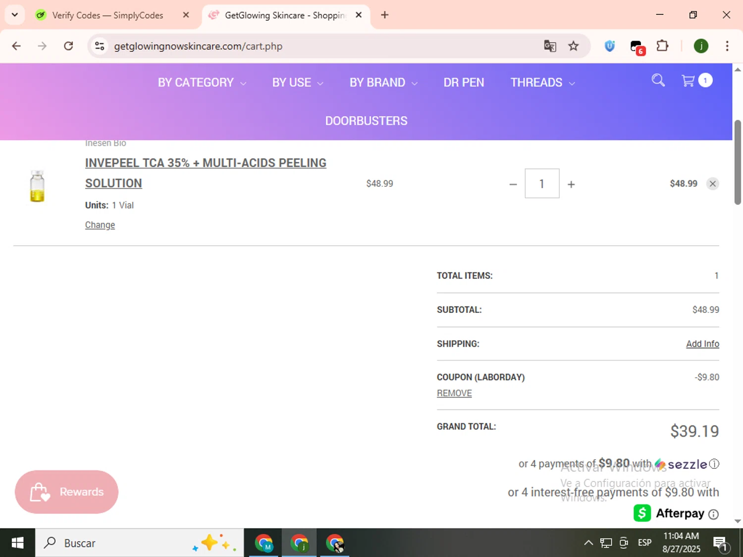 Get Glowing Skin Care promo code screenshot showing code LABORDAY applied at Get Glowing Skin Care checkout page. Uploaded by SimplyCodes community member SavingsCollector2592 on Aug 27, 2025