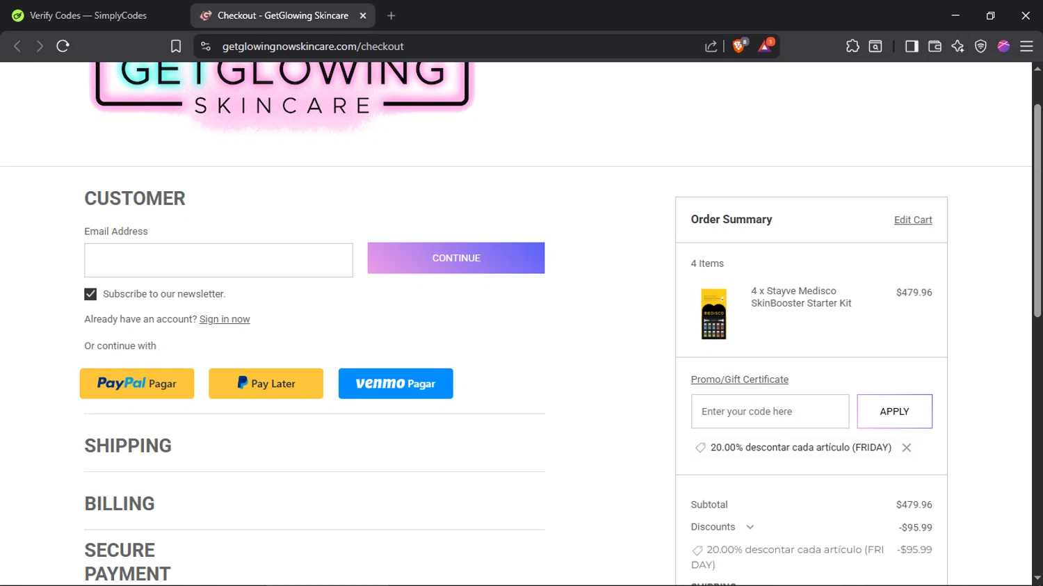 Get Glowing Skin Care checkout page showing Get Glowing Skin Care promo code box | Screenshot taken by SimplyCodes community member on Jan 22, 2026