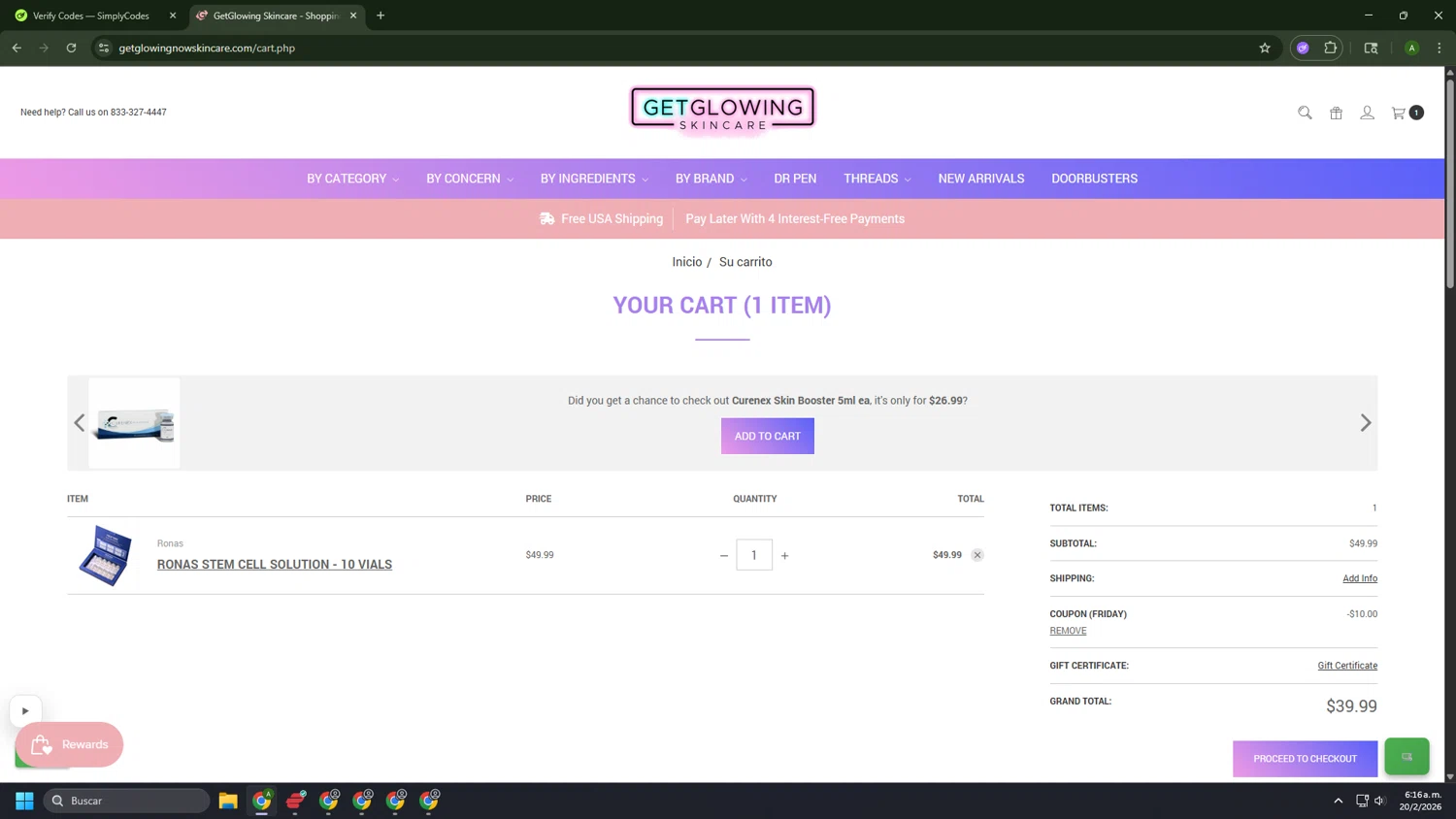 Get Glowing Skin Care checkout page showing Get Glowing Skin Care promo code box | Screenshot taken by SimplyCodes community member on Feb 20, 2026