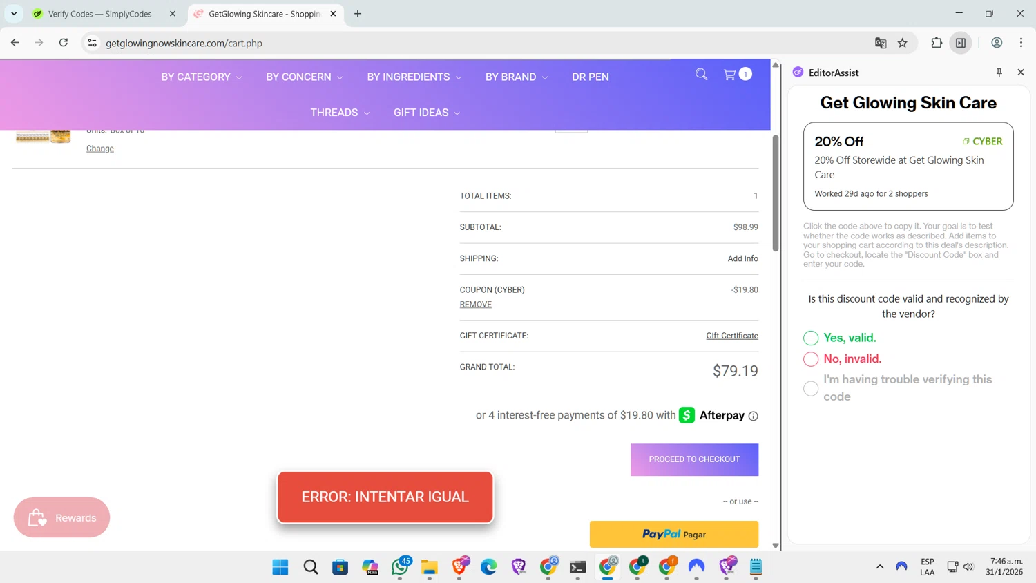 Get Glowing Skin Care checkout page showing Get Glowing Skin Care promo code box | Screenshot taken by SimplyCodes community member on Jan 31, 2026