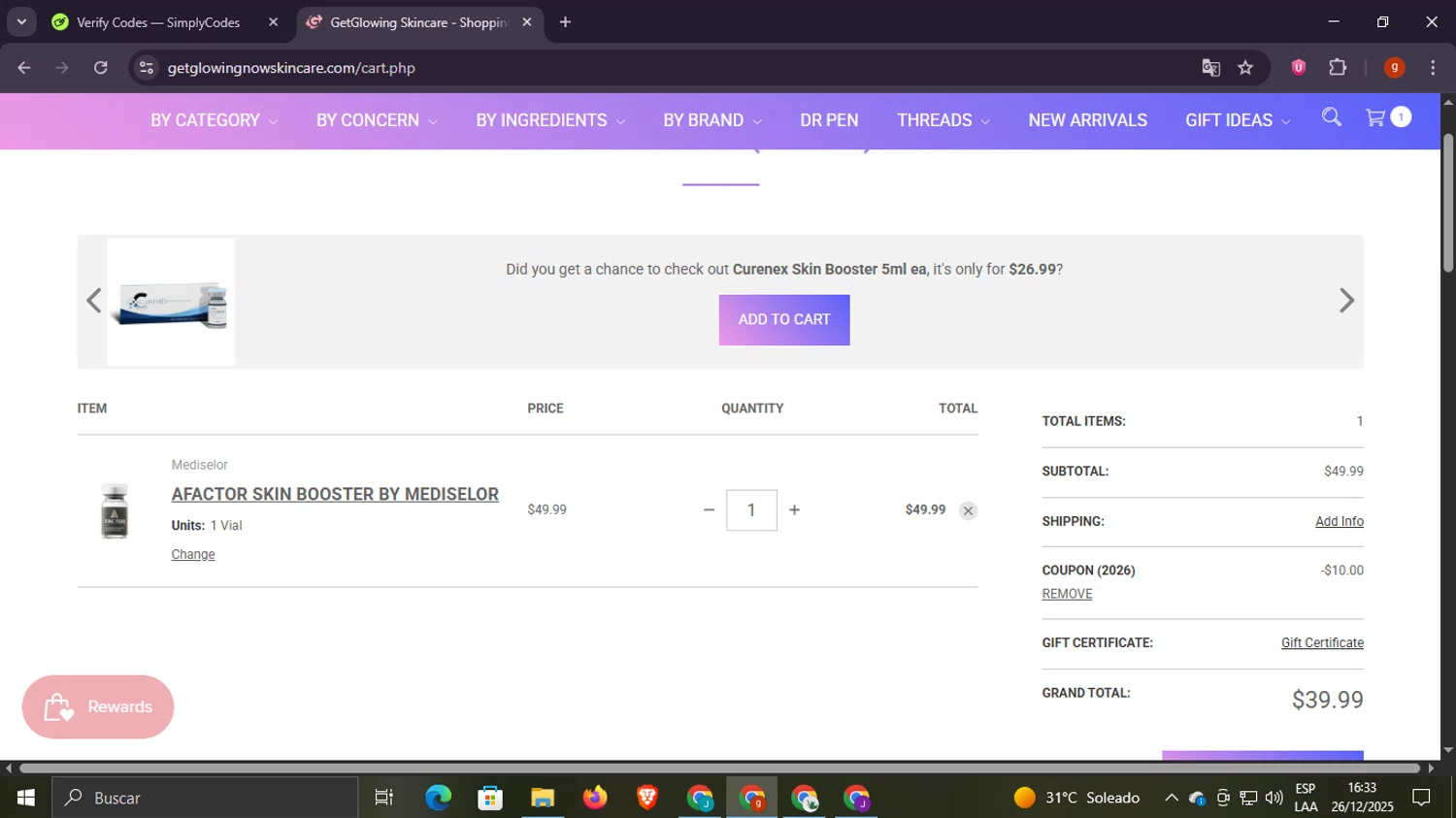 Get Glowing Skin Care promo code screenshot showing code 2026 applied at Get Glowing Skin Care checkout page. Uploaded by SimplyCodes community member Scottcawthon on Dec 26, 2025