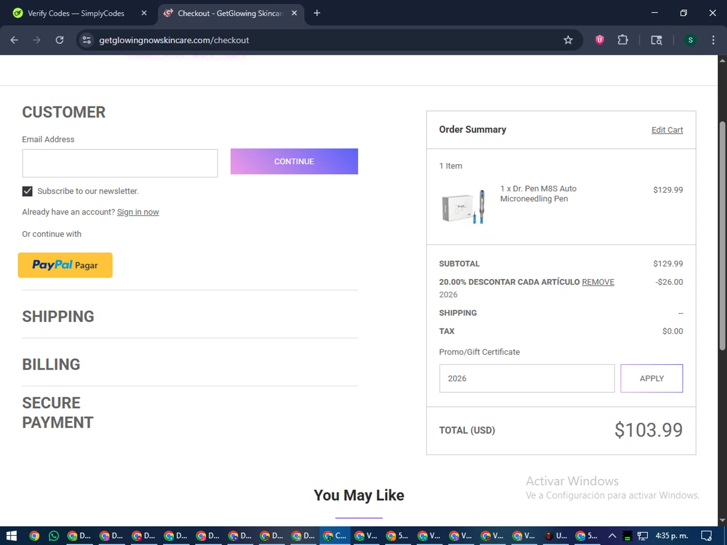 Get Glowing Skin Care promo code screenshot showing code 2026 applied at Get Glowing Skin Care checkout page. Uploaded by SimplyCodes community member lilMosey on Dec 26, 2025