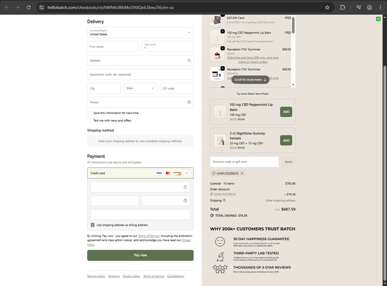 BATCH CBD discount code screenshot showing code SIMPLYCODES10 applied at BATCH CBD checkout page. Uploaded by SimplyCodes community member Aljondris97 on Oct 28, 2025