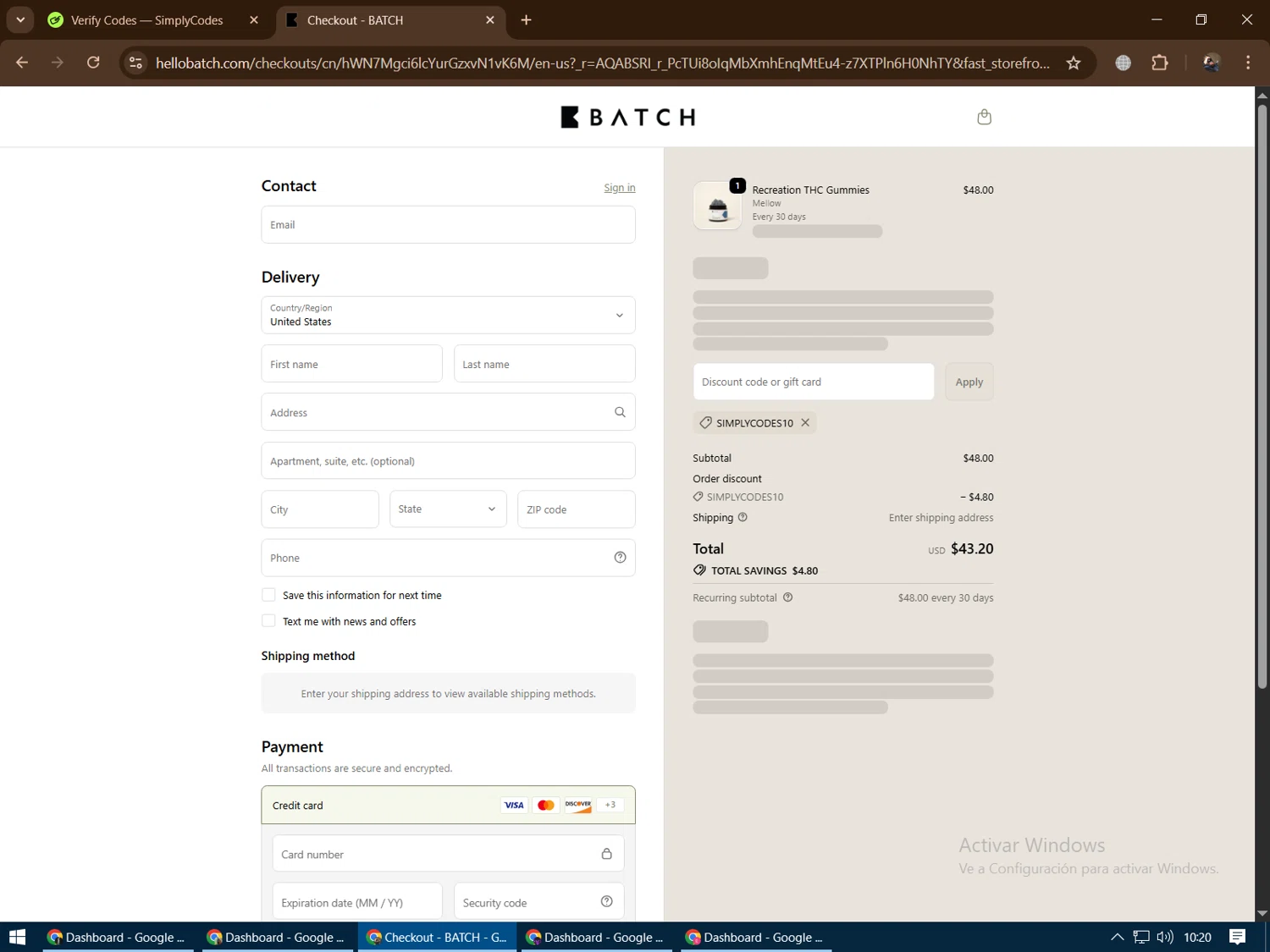 BATCH CBD checkout page showing BATCH CBD discount code box | Screenshot taken by SimplyCodes community member on Jan 8, 2026