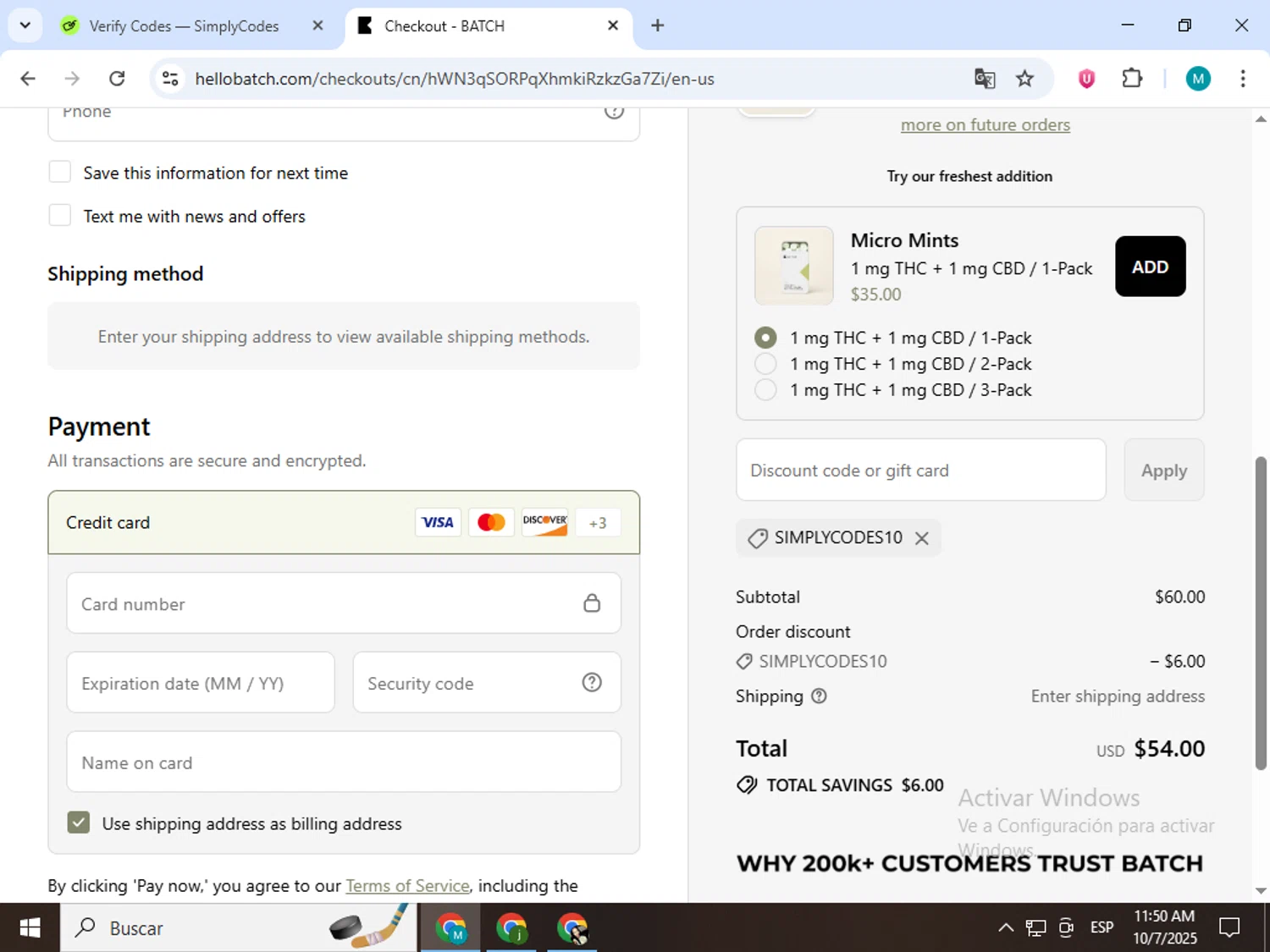 BATCH CBD discount code screenshot showing code SIMPLYCODES10 applied at BATCH CBD checkout page. Uploaded by SimplyCodes community member estrellaveloz on Oct 7, 2025