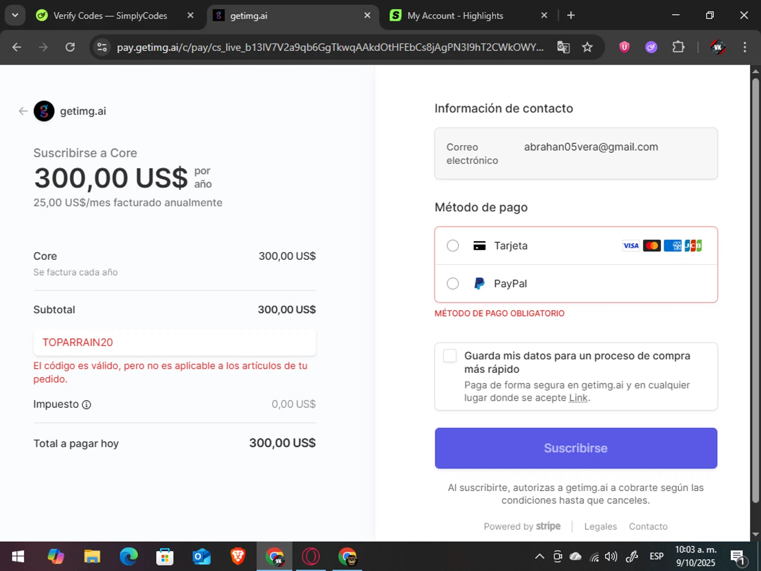 getimg.ai promo code screenshot showing code TOPARRAIN20 applied at getimg.ai checkout page. Uploaded by SimplyCodes community member TreasureAdmiral6867 on Oct 9, 2025