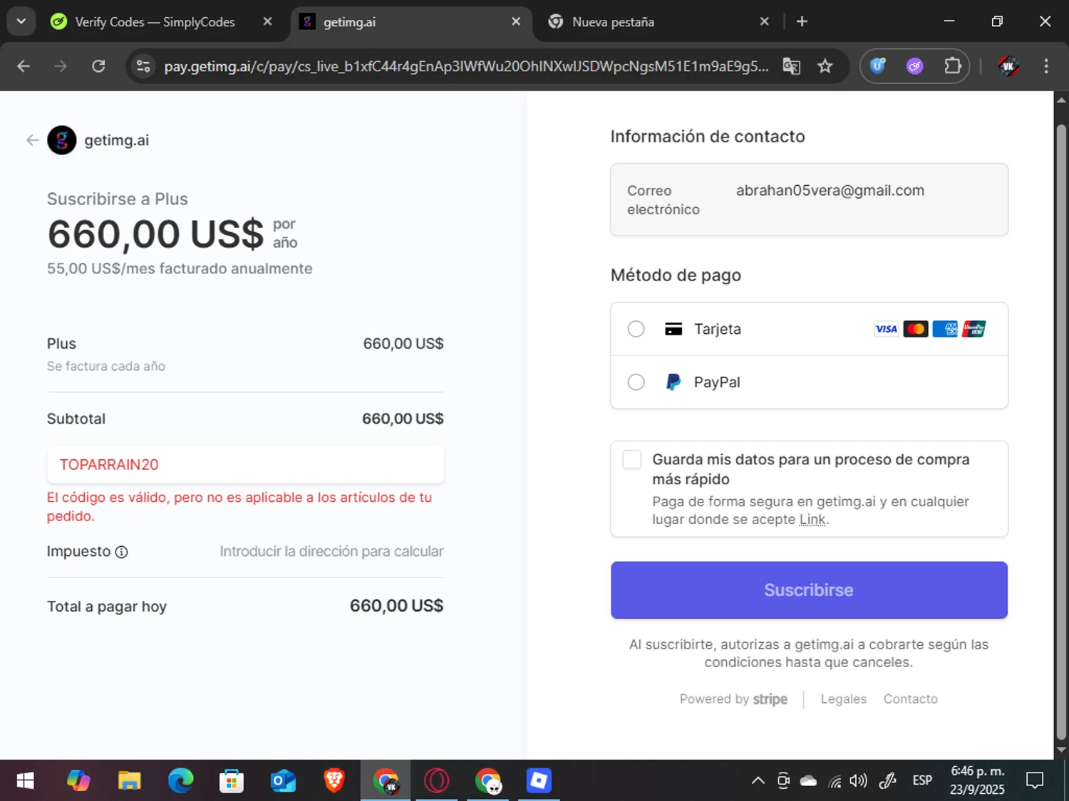 getimg.ai checkout page showing getimg.ai promo code box | Screenshot taken by SimplyCodes community member on Sep 23, 2025