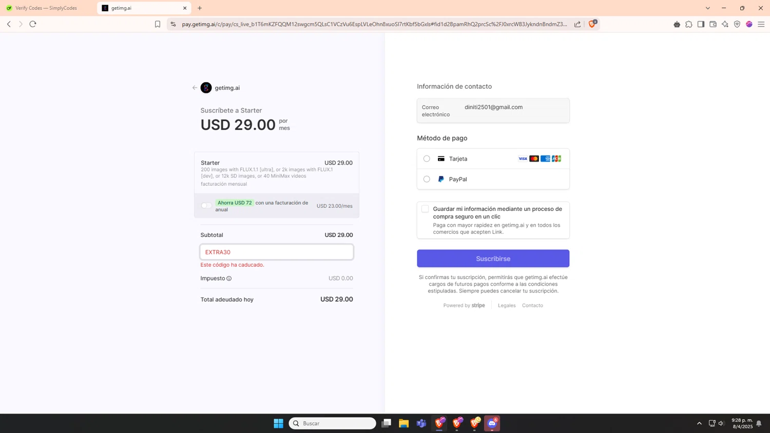 getimg.ai promo code screenshot showing code EXTRA30 applied at getimg.ai checkout page. Uploaded by SimplyCodes community member AnthonyGTX on Apr 9, 2025