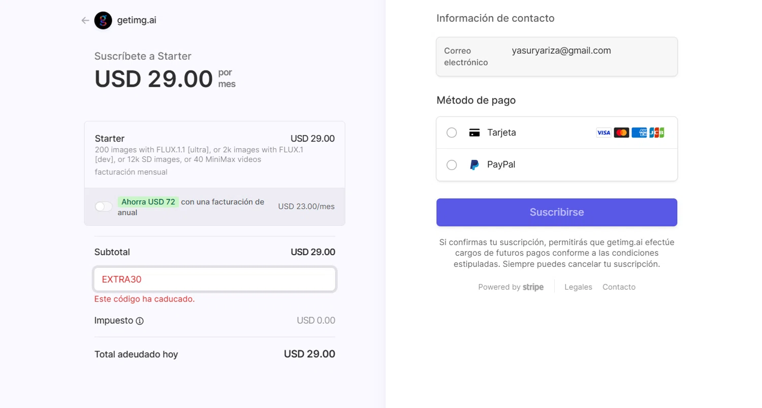 getimg.ai promo code screenshot showing code EXTRA30 applied at getimg.ai checkout page. Uploaded by SimplyCodes community member ArizaJuan on Apr 9, 2025