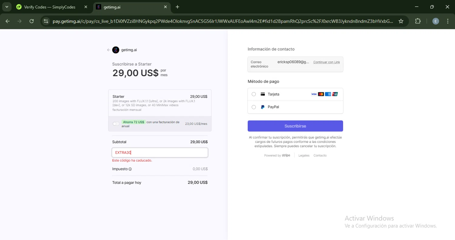 getimg.ai promo code screenshot showing code EXTRA30 applied at getimg.ai checkout page. Uploaded by SimplyCodes community member ExtraordinaryMonarch4598 on Apr 9, 2025