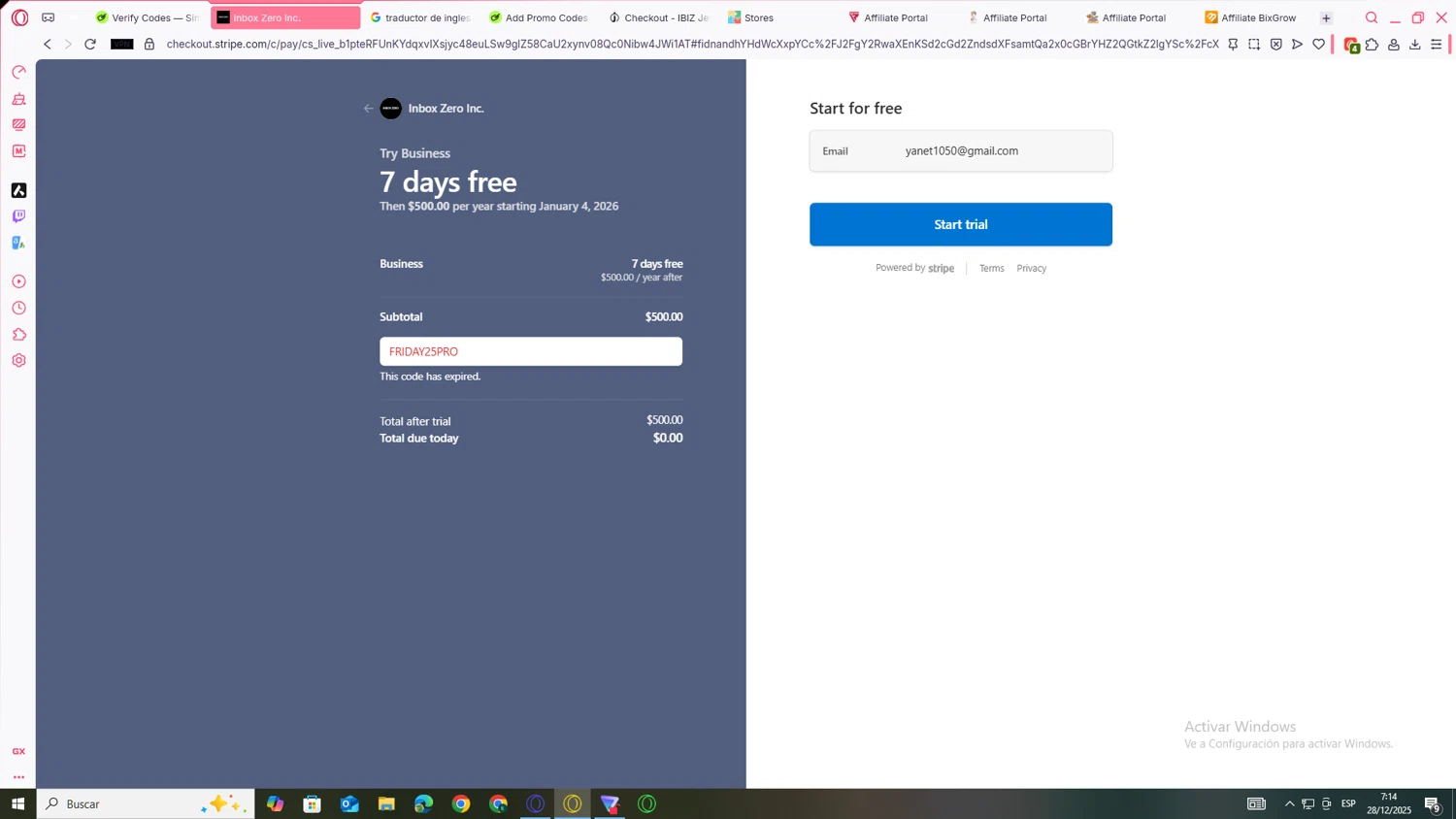 Getinboxzero.com promo code screenshot showing code FRIDAY25PRO applied at Getinboxzero.com checkout page. Uploaded by SimplyCodes community member JEUGENIO on Dec 28, 2025