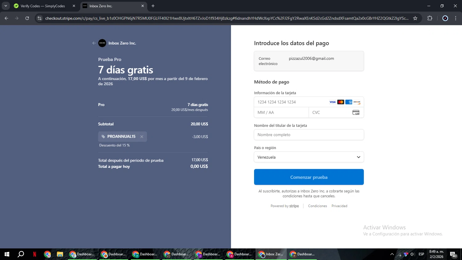 Getinboxzero.com checkout page showing Getinboxzero.com promo code box | Screenshot taken by SimplyCodes community member on Feb 2, 2026