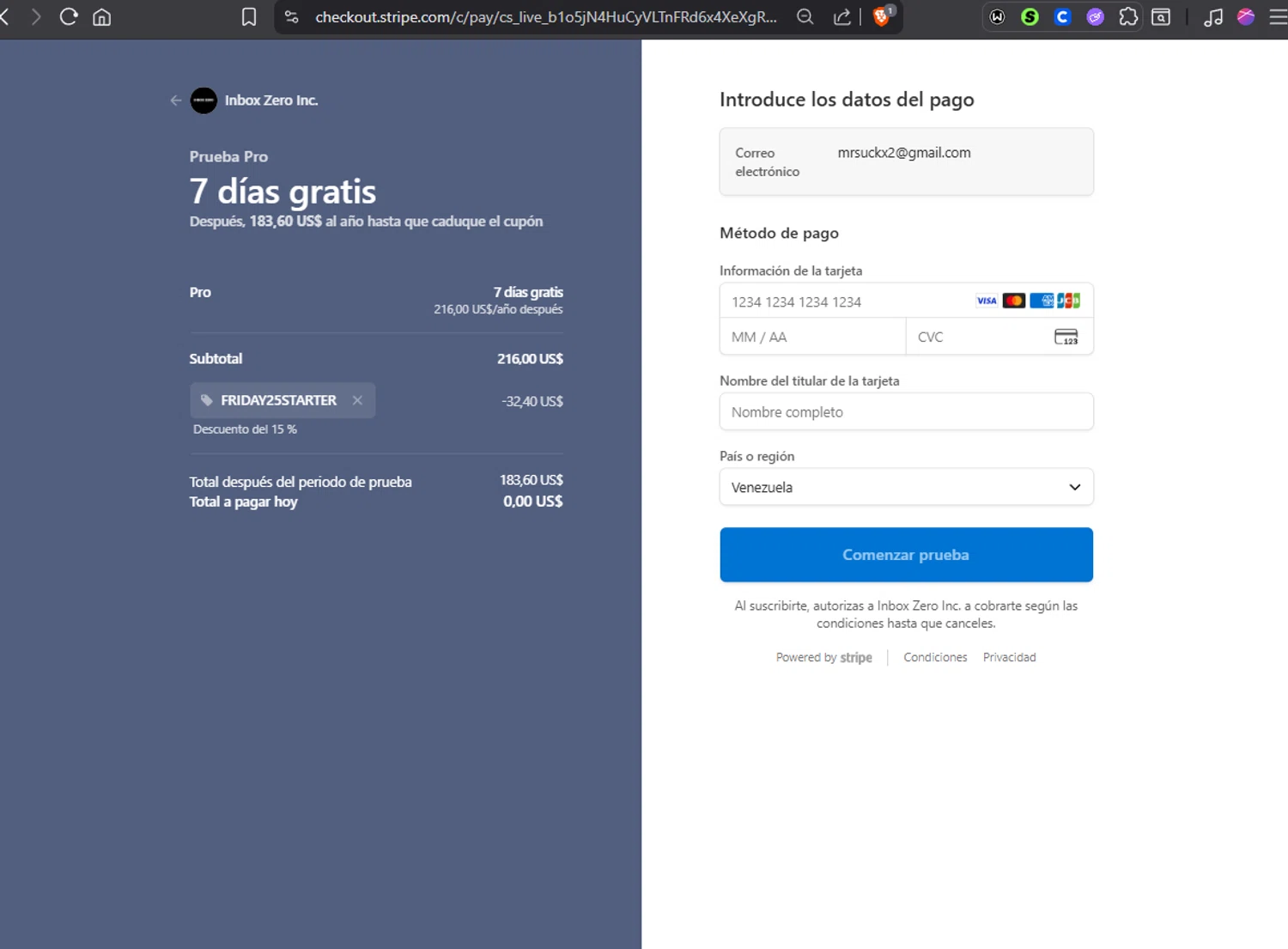 Getinboxzero.com promo code screenshot showing code FRIDAY25STARTER applied at Getinboxzero.com checkout page. Uploaded by SimplyCodes community member Jmhernand1 on Nov 27, 2025