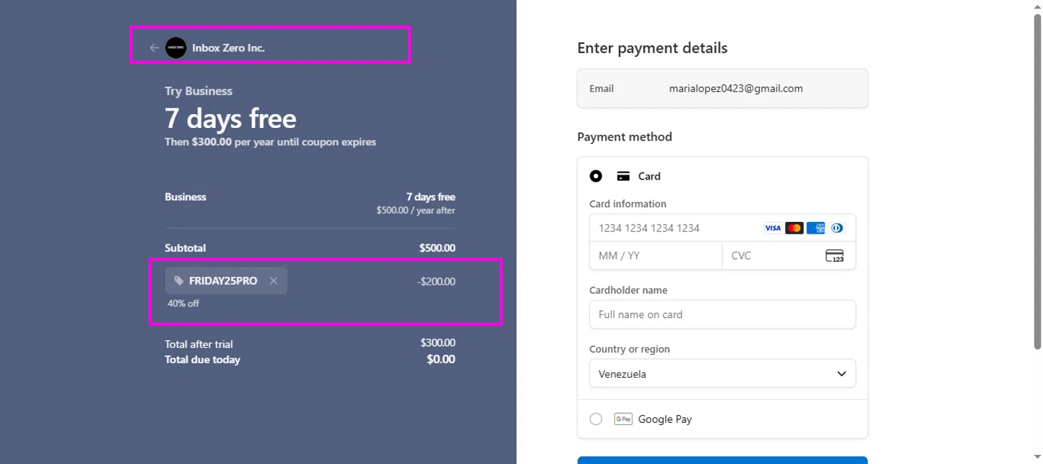 Getinboxzero.com promo code screenshot showing code FRIDAY25PRO applied at Getinboxzero.com checkout page. Uploaded by SimplyCodes community member mrdarcy on Nov 27, 2025