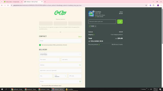 Get Joy checkout page showing Get Joy promo code box | Screenshot taken by SimplyCodes community member on Sep 14, 2025