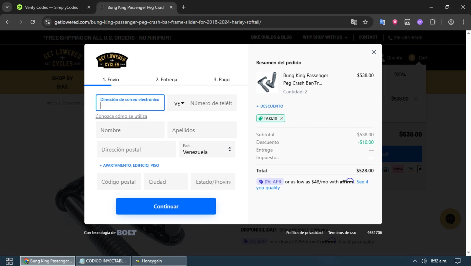 Get Lowered coupon code screenshot showing code TAKE10 applied at Get Lowered checkout page. Uploaded by SimplyCodes community member MoneyPioneer4925 on Aug 25, 2025