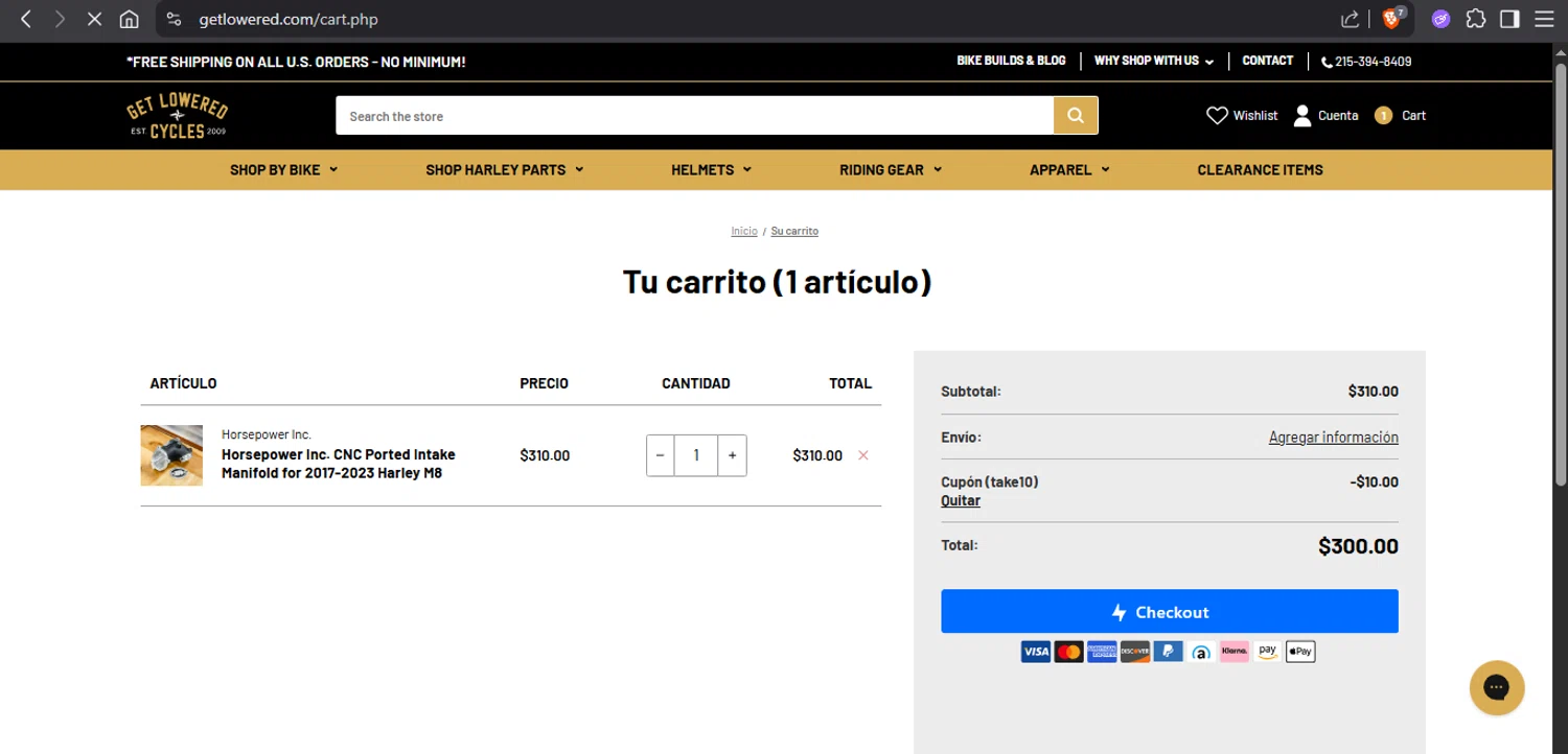 Get Lowered coupon code screenshot showing code TAKE10 applied at Get Lowered checkout page. Uploaded by SimplyCodes community member xAngel on Sep 23, 2025