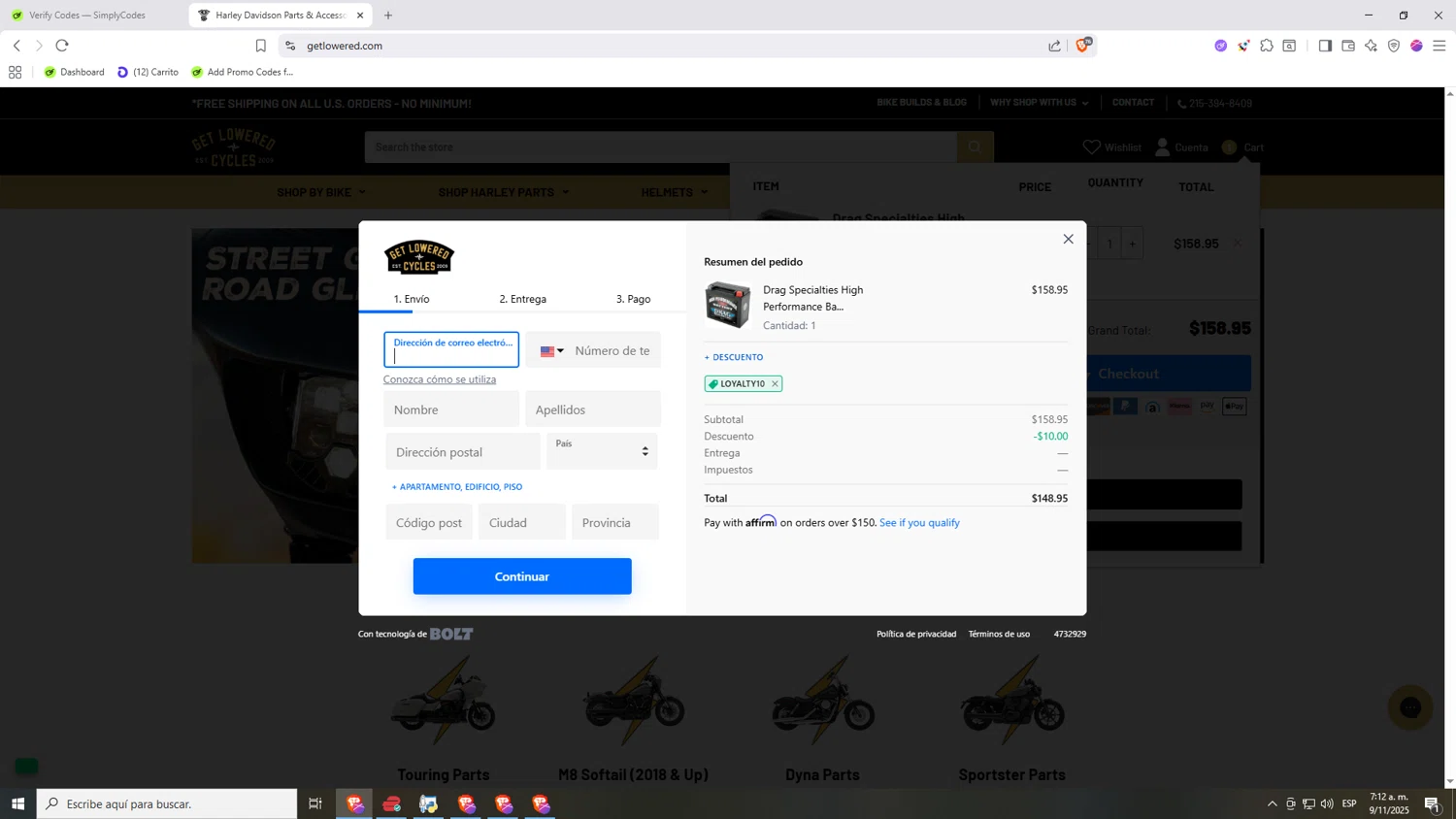 Get Lowered coupon code screenshot showing code LOYALTY10 applied at Get Lowered checkout page. Uploaded by SimplyCodes community member Nezukooo on Nov 9, 2025