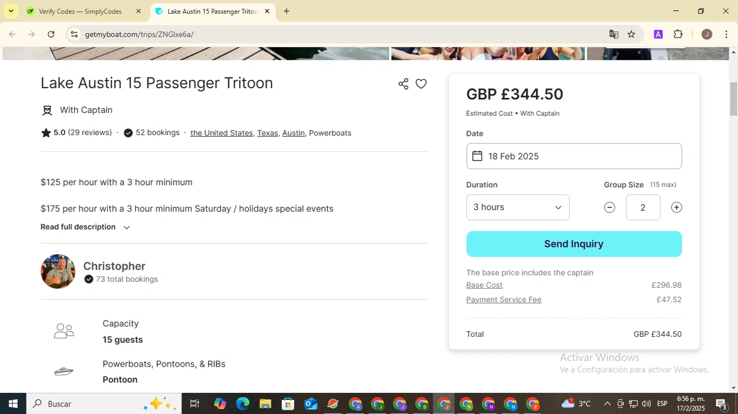 GetMyBoat promo code screenshot showing code GETMYBOAT applied at GetMyBoat checkout page. Uploaded by SimplyCodes community member ValiantHero2365 on Feb 18, 2025